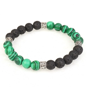 Natural malachite and black lava stone beaded bracelet with silver decorative metal spacers
