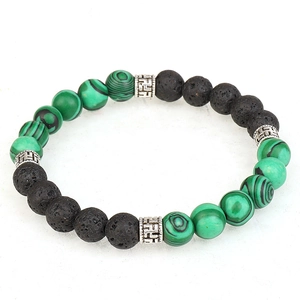 Handmade bracelet with green malachite stone and black volcanic lava beads for men and women