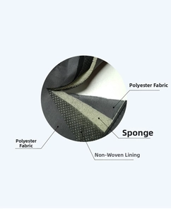 Detailed cross-section showing layers of polyester fabric, sponge and non-woven lining