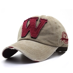 Vintage khaki washed cotton baseball cap with red W patch and embroidery from side view
