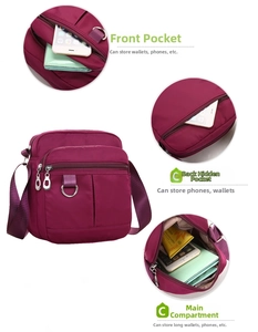 Detail view of multi-compartment nylon crossbody bag with interior and exterior pockets