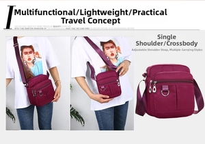 Detail of purple nylon crossbody bag showing multiple zip pockets and adjustable strap