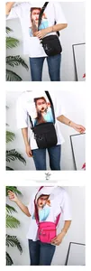 Detail of compact nylon crossbody bag with multi-compartments and adjustable shoulder strap