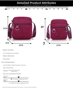 Detailed size chart showing dimensions for small and large nylon crossbody bags