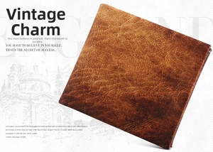 Close-up of brown vintage men's bifold wallet showing the textured faux leather finish
