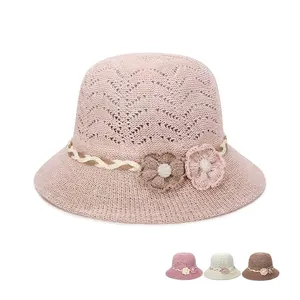 Chapeau Cloche Femme Tricoté Ajouré Respirant Large Bord Pare-Soleil Décor Fleur Künstliche Perle Été Extérieur Élégant Couvre-Chef