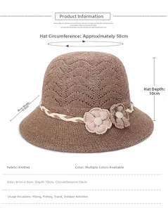Détail chapeau de soleil en tricot kaki avec perles fleurs et mesures bord de 6,5cm