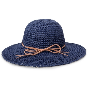 Navy blue wide brim straw hat with brown rope bow detail for sun protection