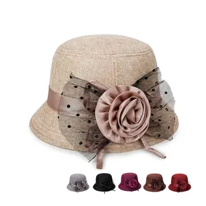 Women Elegant Linen Cloche Hat Large Flower Polka Dot Mesh Veil Vintage Bucket Sun Hat Retro British Style