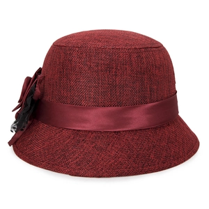 Elegant wine red linen sun hat for women featuring a large floral ribbon and mesh decor