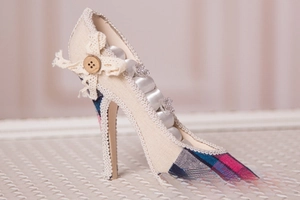 Detail view of high heel jewelry organizer with lace trim and tartan fabric accents