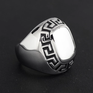 Polished silver stainless steel men's signet ring with Greek key pattern engraving