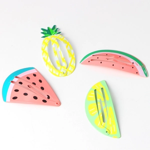 Set of 4 colorful metal fruit BB hair clips for kids featuring pineapple and watermelon