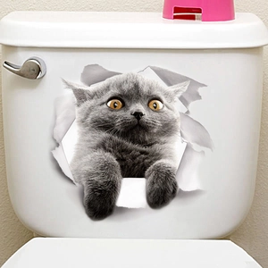 3D-Wandsticker mit realistischer grauer Katze für Haus- oder Toilettendekoration