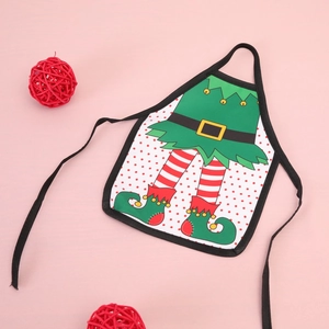 Detailed view of mini Christmas elf apron bottle cover with red white striped trousers