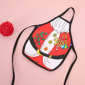 Detail of Christmas wine bottle aprons with colorful cartoon Santa and star patterns