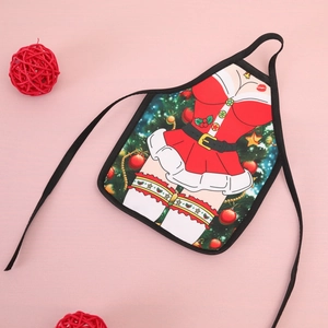 Mini Christmas apron wine bottle cover with festive patterns and decorative rattan balls