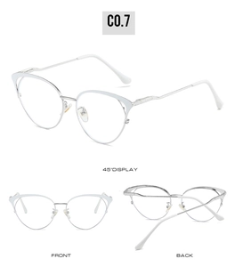 Detailed views of hollow cat-eye glasses frames showing front, back, and 45-degree angles