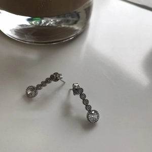 Macro detail of 925 sterling silver drop earring with brilliant round cubic zirconia