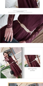 Detail showing a golden leaf metal elastic belt paired with a burgundy lace dress