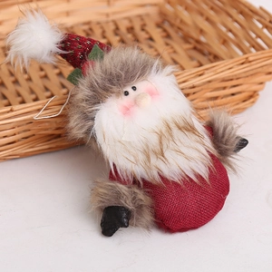 Hanging Santa Claus plush ornament with knitted hat and linen body for Christmas decor