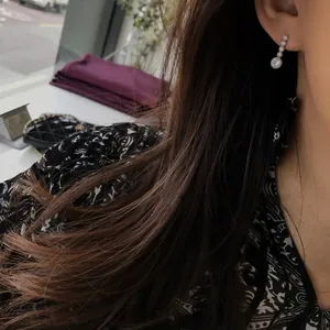 Close-up of elegant 925 silver long drop earrings with vertical round white zircons