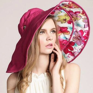 Chapeau de soleil rose rouge à large bord fleuri femme protection UV pliable plage