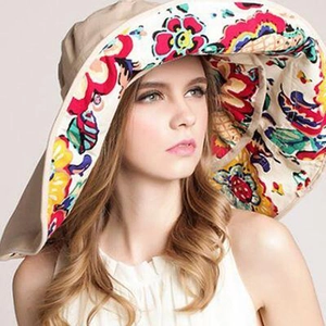 Chapeau de soleil femme à large bord pliable, protection UV avec doublure florale