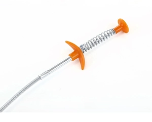 Detail of ergonomic orange PP handle and spring mechanism on flexible claw pickup tool