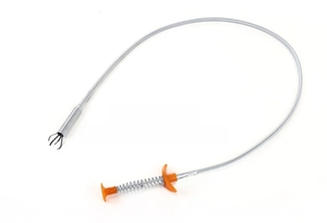 Flexible stainless steel drain claw tool with four-prong grabber and orange spring handle