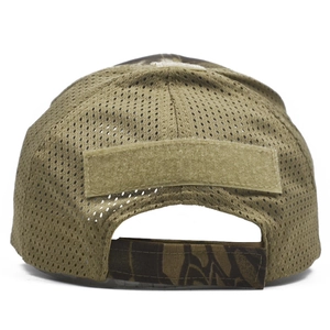 Tactical camouflage mesh baseball cap with adjustable strap and velcro patch area