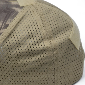 Close-up of tactical cap featuring breathable mesh panels and side hook-and-loop patch area