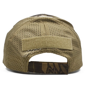 Rear view of tactical mesh cap featuring camo pattern and adjustable velcro strap for patch