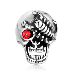 Gothic stainless steel skull and scorpion ring with red rhinestone eye detail