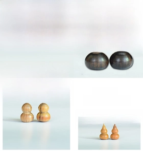 Close-up of DIY wooden gourd beads in various natural wood colors and textures