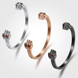 Bracelet manchette tête de mort en acier inoxydable pour homme, argent, or et noir