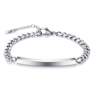 Polished stainless steel Cuban ID bracelet with engravable metal tag and lobster clasp
