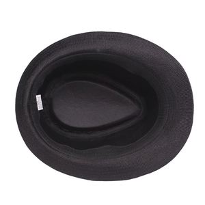 Inside view of black breathable woven straw sun hat with size 58 label for men