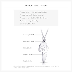 Detailed product dimensions and specifications for the silver Africa map pendant necklace