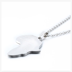 Detailed view of silver Africa map pendant necklace with engraved capital city names
