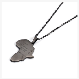 Detail of black Africa map pendant with engraved city names on stainless steel chain