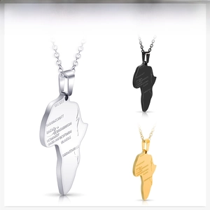 Detailed engraved Africa map pendants in silver, gold, and black stainless steel
