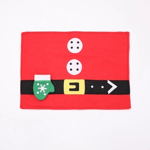 Red Christmas Santa suit placemat with felt texture and decorative green gloves