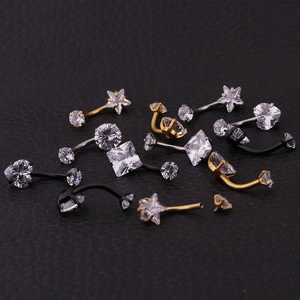 316L stainless steel belly rings with zircon in star, heart, and square shapes