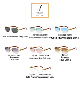 Detail of rimless rectangle sunglasses with leopard head accent and wood texture temples