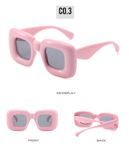Three angles of Y2K pink thick square sunglasses with grey lenses and wrap design
