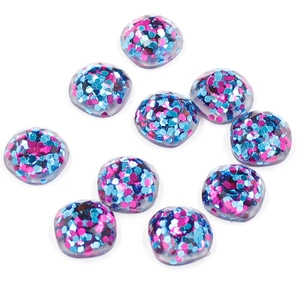 Detail of 14mm round resin glitter sequins in blue and pink for DIY necklace jewelry