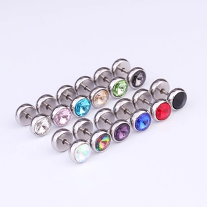 Set of 11 pairs of stainless steel barbell stud earrings with colorful crystal inlay