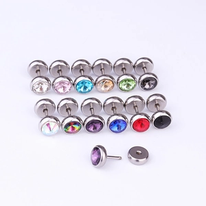 Stainless steel dumbbell stud earrings set with colorful crystal inlays for ear piercing