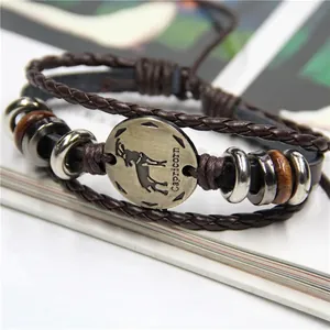 Retro Capricorn leather bracelet with vintage bronze zodiac charm and woven rope detail